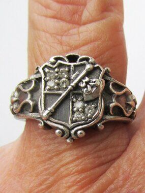 BLACK LABEL Vintage Viking Warrior Axe Shield Sterling Silver Diamond Ring Sz 7